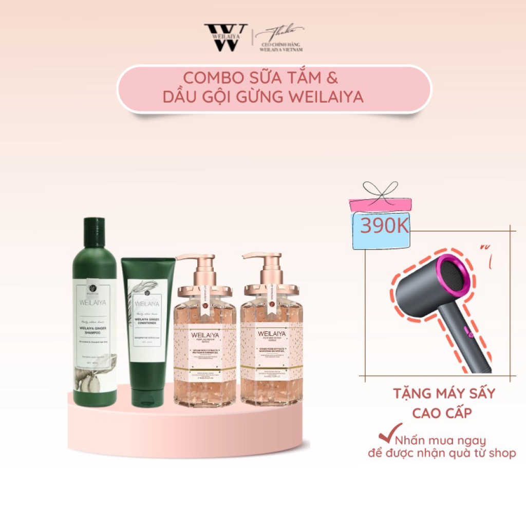 Combo 1 Cặp Dầu Gội Gừng Hà Thủ Ô & 1 Cặp Dầu Gội Phục Hồi Weilaiya Tặng Máy Sấy Tóc Cao Cấp