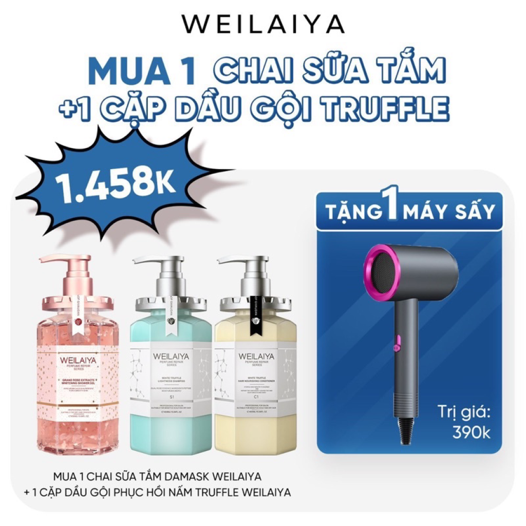 ComBo Sữa Tắm Và Dầu Gội Phục Hồi WEILAIYA Tặng Ngay Máy Sấy Xịn Sò