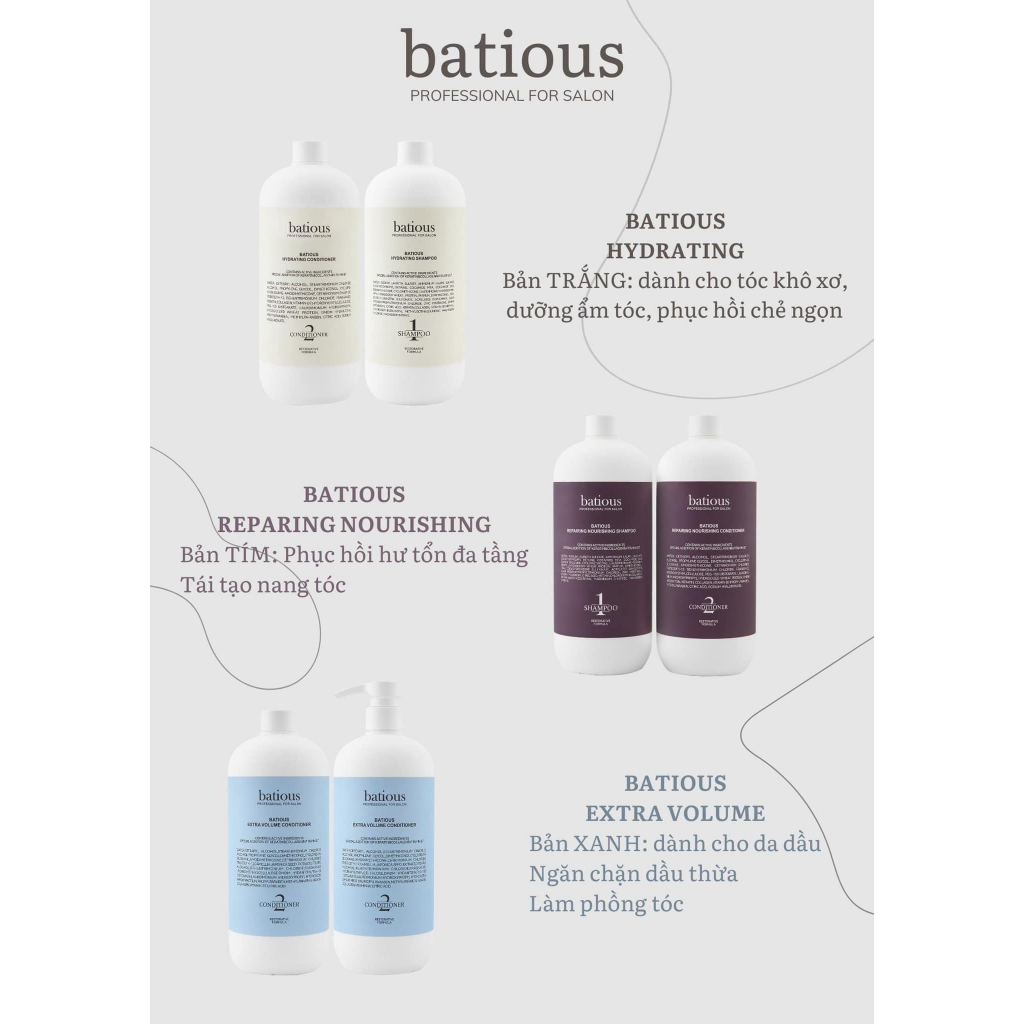 Dầu Gội Batious - Dầu Gội Xả Phục Hồi Tóc Hư Tổn Đa Tầng Batious 3 Màu Dung Tích 960ml