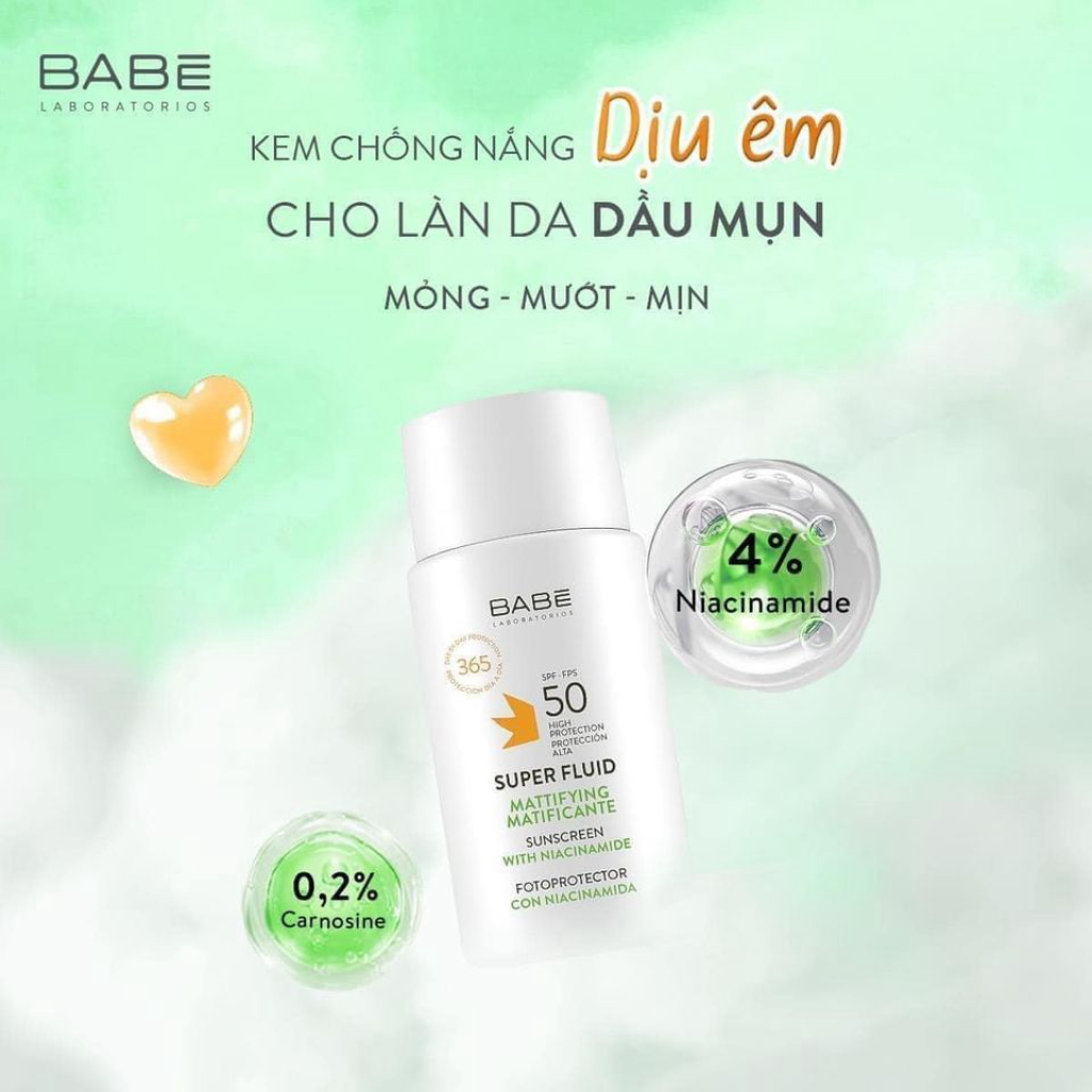 kem Chống Nắng Babe Super Fluid Mattifying sunscreen Spf 50 Phổ rộng Kiềm Soát Dầu 50ml