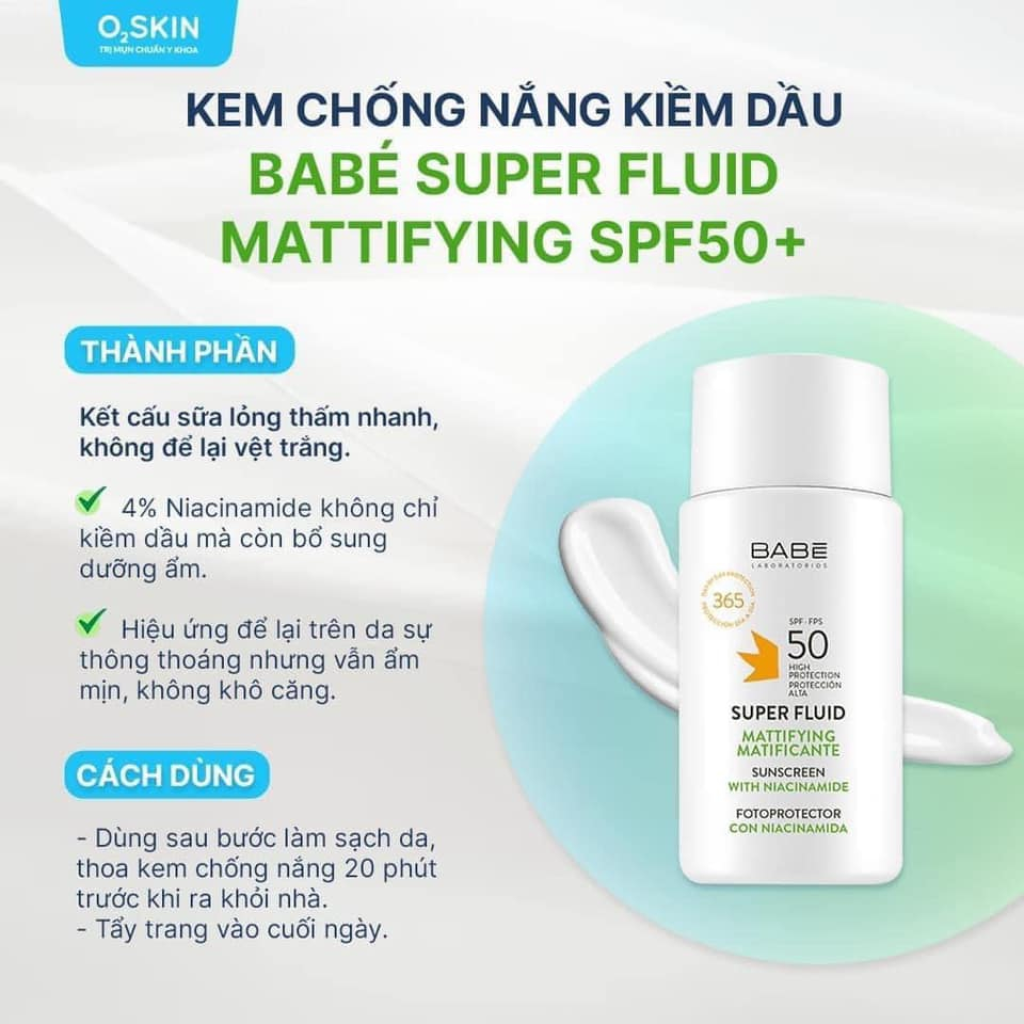 kem Chống Nắng Babe Super Fluid Mattifying sunscreen Spf 50 Phổ rộng Kiềm Soát Dầu 50ml