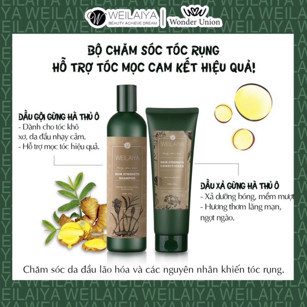 TEST MINI Dầu Gội Gừng, Gừng Hà Thủ Ô Weilaiya Giảm Rụng Tóc, Kích Mọc Tóc Nhanh Hợp Mọi Da Đầu ( gội 20ml + xả 20ml)